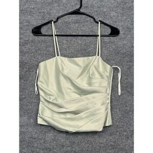 Rebecca Vintage Sage Green Satin Rhinestone Draped Camisole Top Small Y2K USA